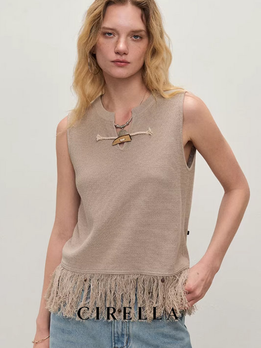 Natural Wood Toggle Tassel Vest in Beige