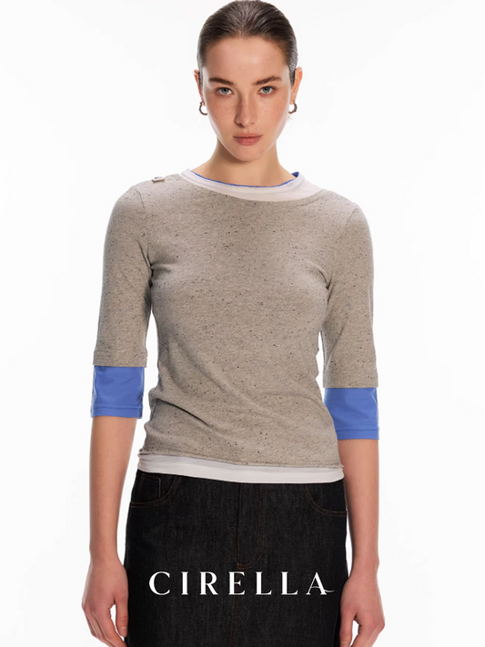 Jacquard Mock-Two-Piece Detachable Collar Mid-Sleeve Tee