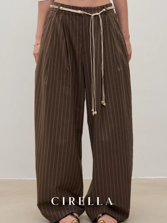 Striped Puff Cotton Brown Vintage Wide-Leg Pants