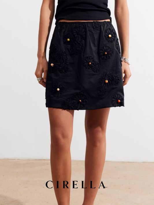 Classic Black 3D Floral Hand-Beaded Short A-Line Skirt