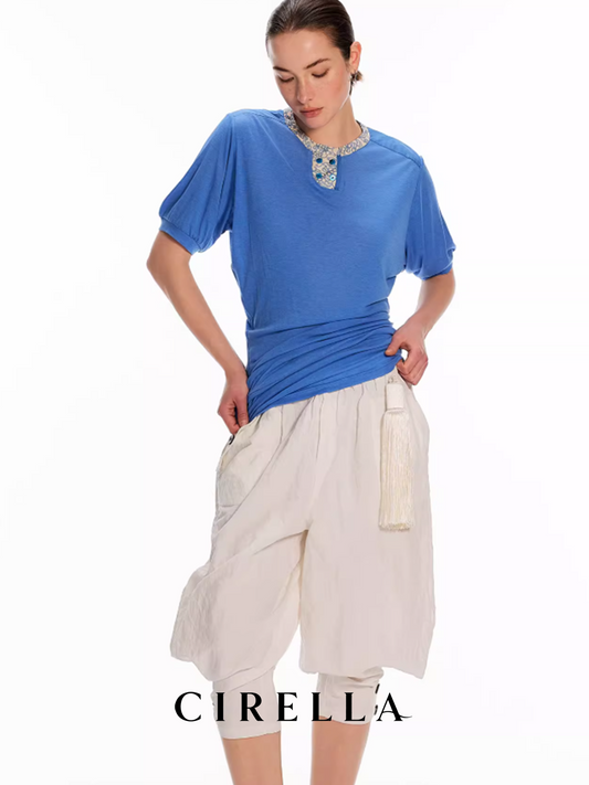 Floral Puff-Sleeve Stacked Waist Print Henry Collar Tee