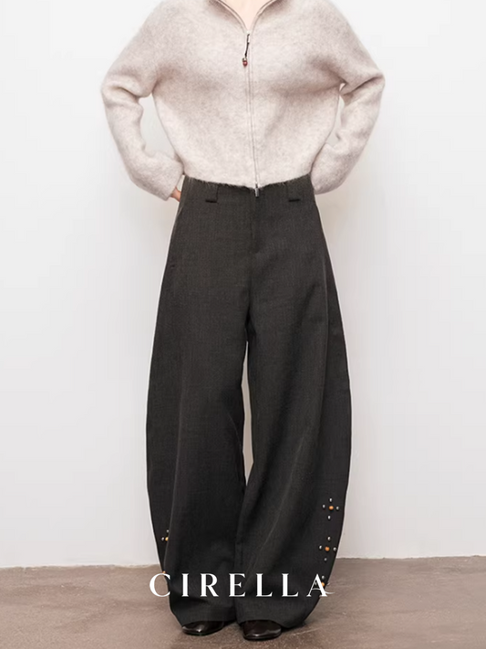Beaded Metal Stud Cocoon Wide-Leg Suit Pants