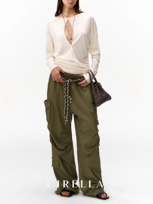 Khaki Cotton Beaded Drawstring Relaxed Pocket Pants