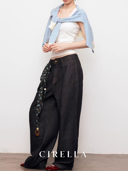 Denim-Texture Pink Butterfly Scarf Wide-Leg Casual Pants