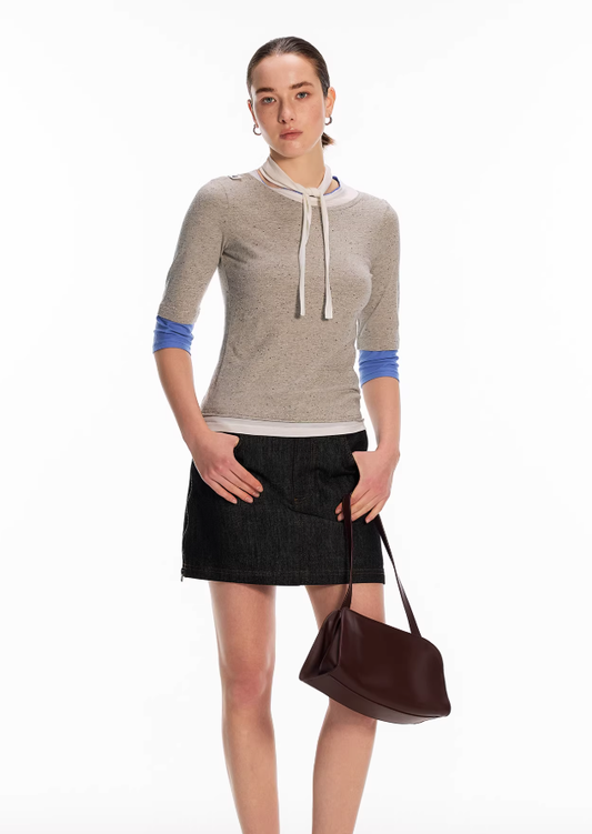 Jacquard Mock-Two-Piece Detachable Collar Mid-Sleeve Tee