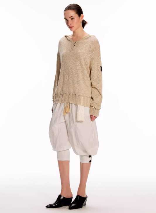 Linen-Cotton Textured Loose Hooded Knit Top