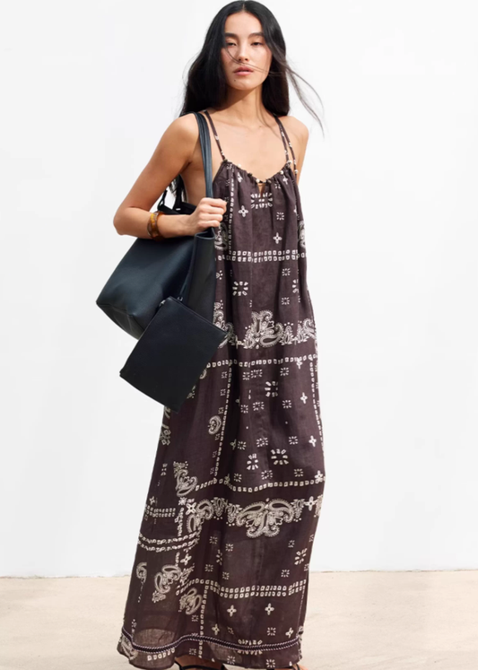 Natural Linen Boho Beaded Tassel Resort Slip Dress