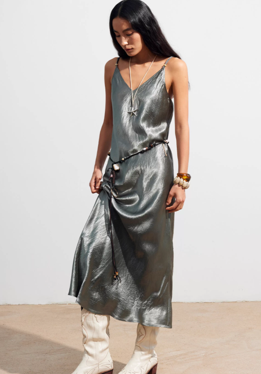 100% Acetate Satin V-Neck Long Slip Dress