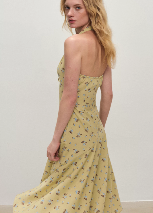 Sprout Green Artistic Floral Asymmetrical Halter Backless Dress