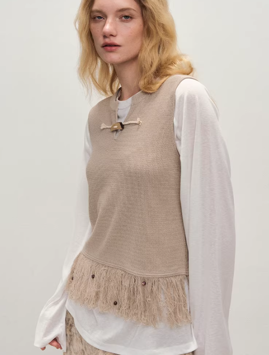 Natural Wood Toggle Tassel Vest in Beige