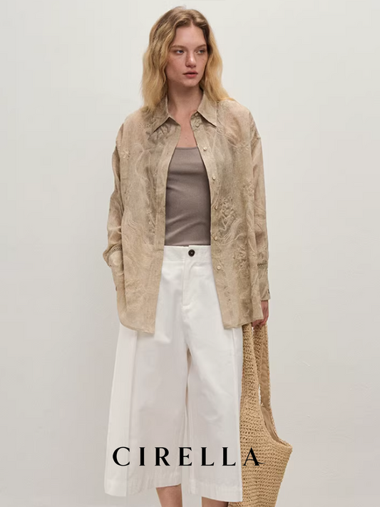 Textured Sand-Colored Embroidered Sheer Blouse