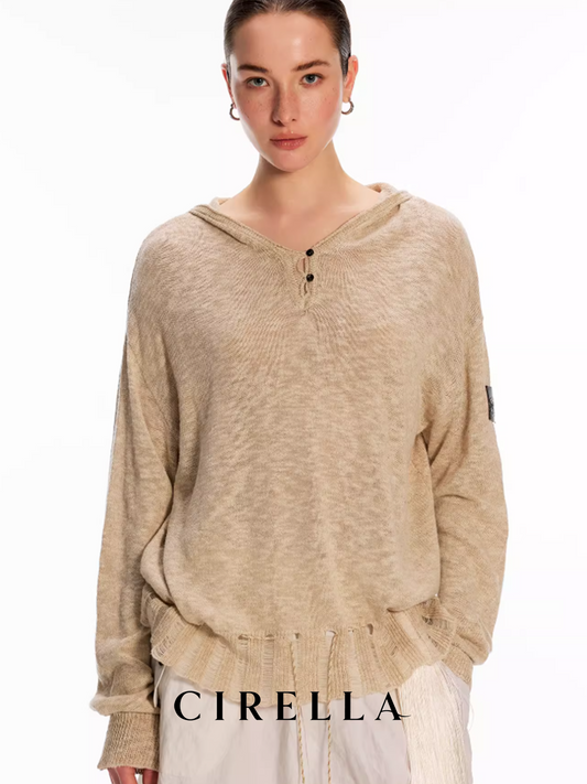 Linen-Cotton Textured Loose Hooded Knit Top