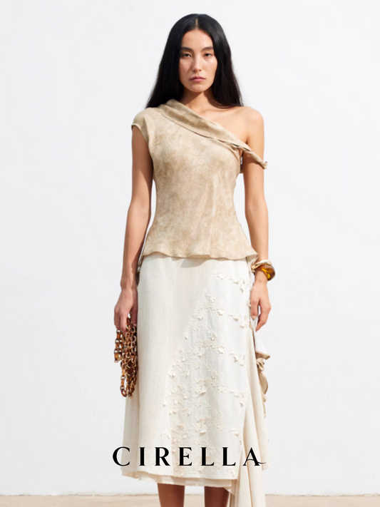 Off-Shoulder Knot Tie Ribbon Copper-Silk Short Sleeve Top