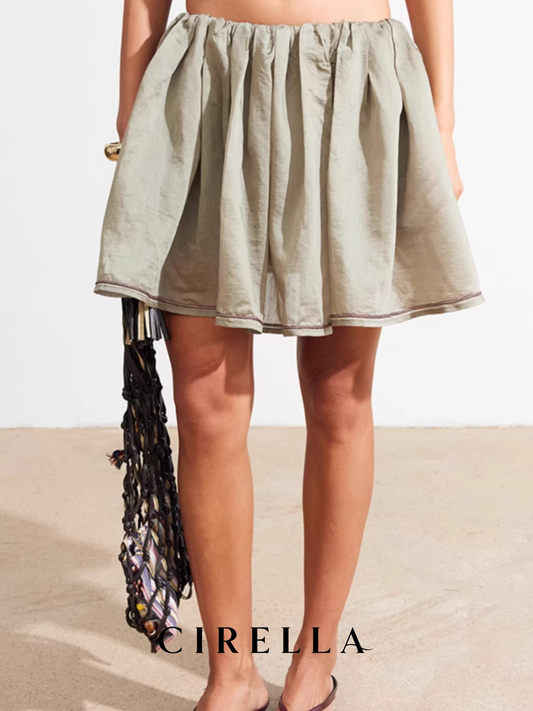 Tencel Tea A-Line Drawstring Waist Puff Short Skirt