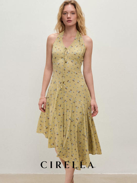 Sprout Green Artistic Floral Asymmetrical Halter Backless Dress