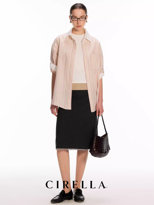 Color-Block Relaxed Striped Shirt with Roll-Up Sleeve