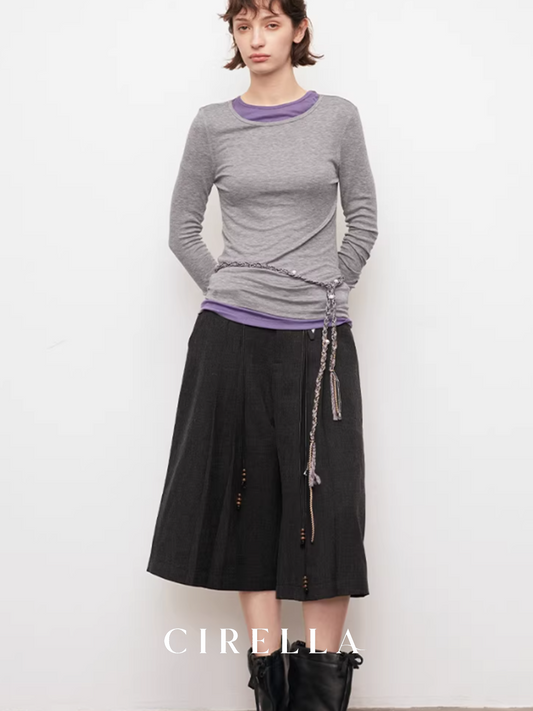 Pleated Grey Tailored Wide-Leg Cropped Pants