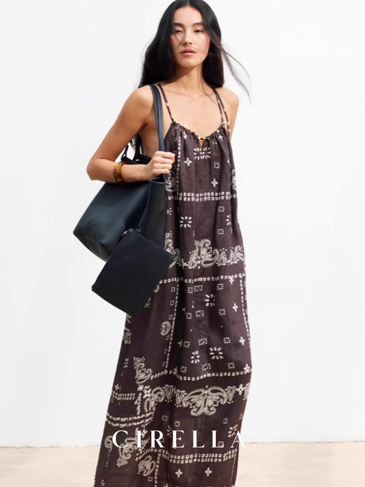 Natural Linen Boho Beaded Tassel Resort Slip Dress