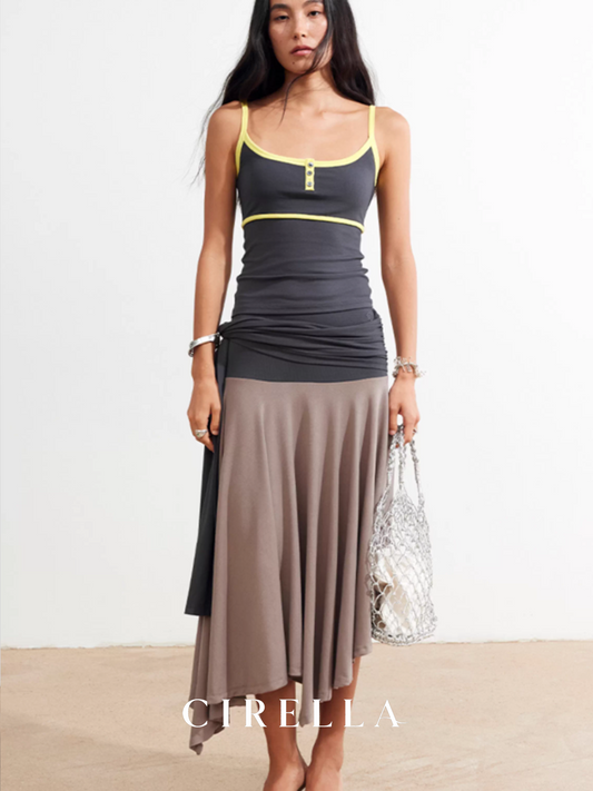 Two-Way Color-Block Asymmetrical Bustier Midi Skirt