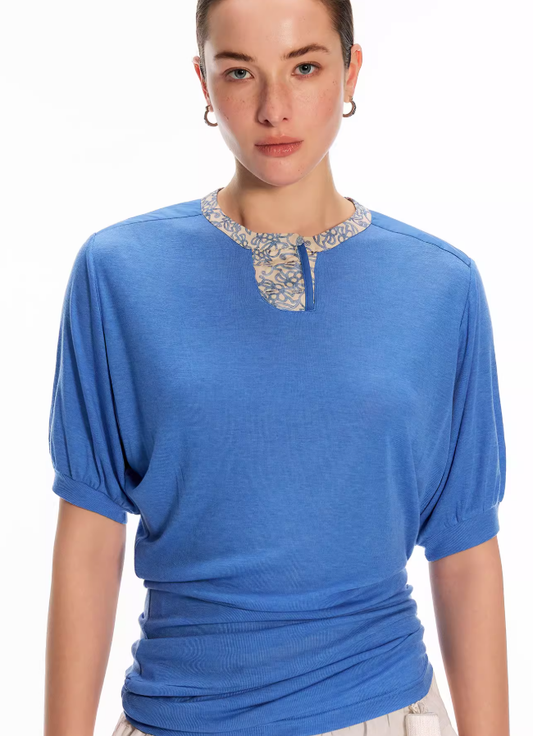 Floral Puff-Sleeve Stacked Waist Print Henry Collar Tee