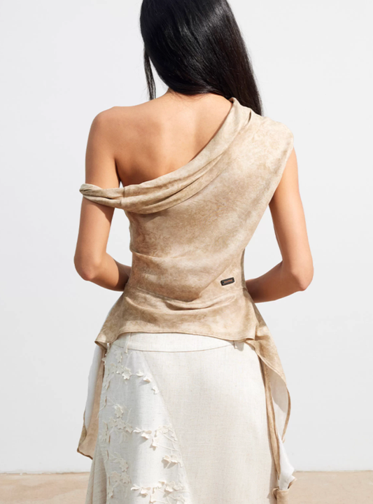 Off-Shoulder Knot Tie Ribbon Copper-Silk Short Sleeve Top