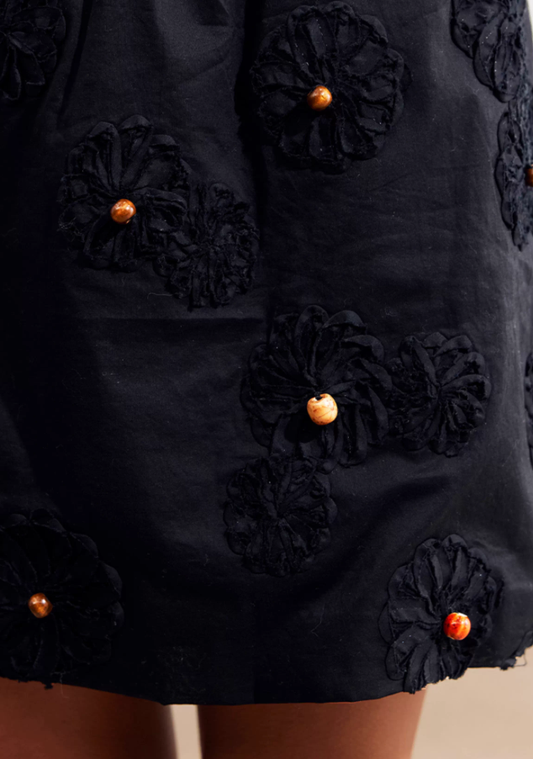 Classic Black 3D Floral Hand-Beaded Short A-Line Skirt