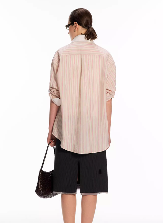 Color-Block Relaxed Striped Shirt with Roll-Up Sleeve