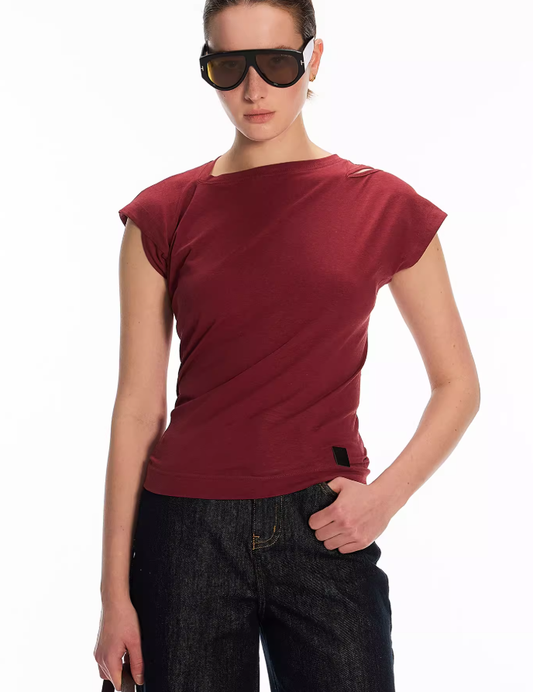 Hemp Solona Irregular Shoulder Slit Slim Multi-Color Tee