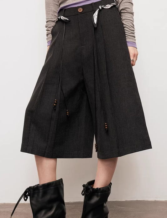 Pleated Grey Tailored Wide-Leg Cropped Pants